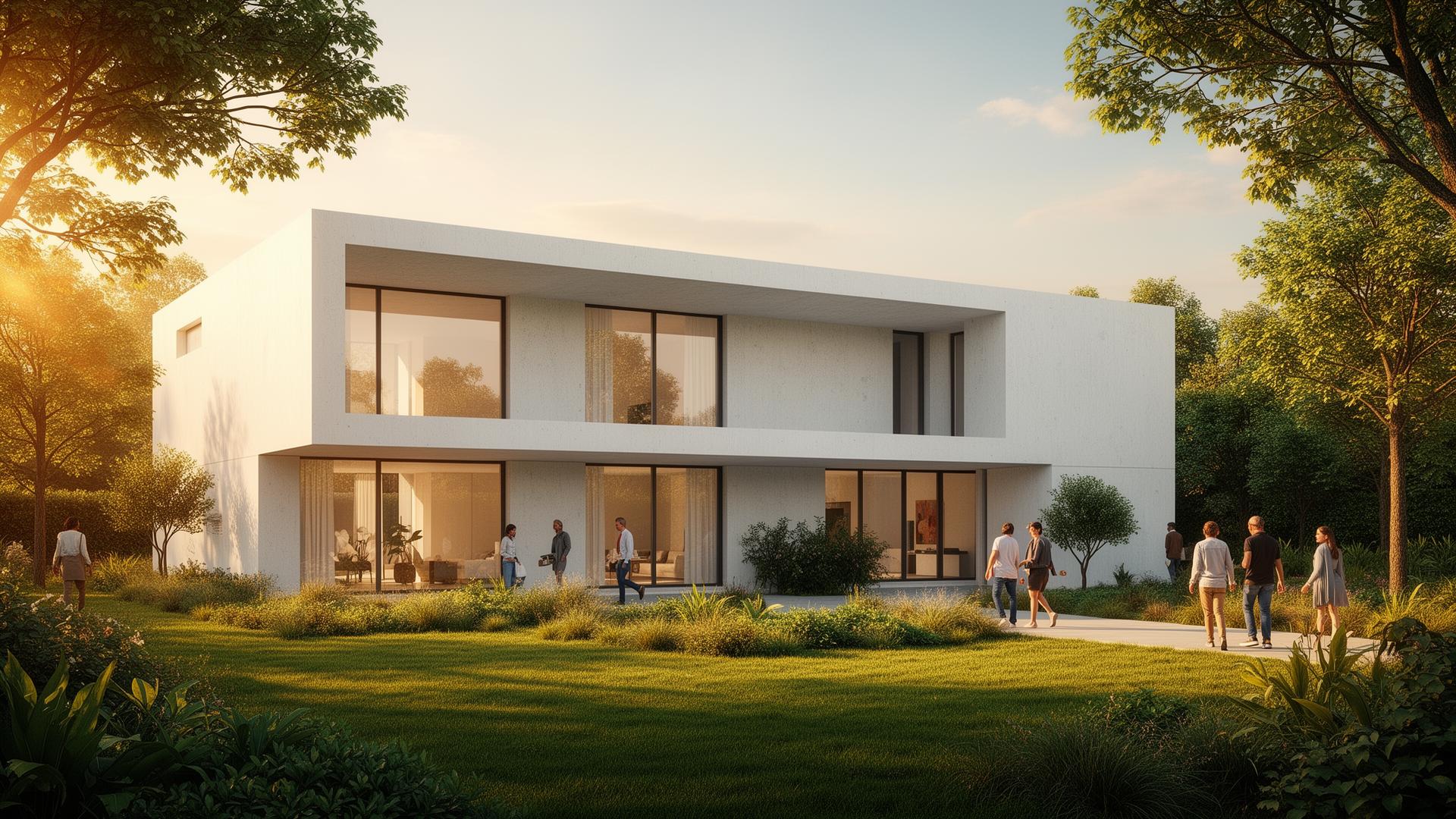 Refined render of a modern white house at golden hour