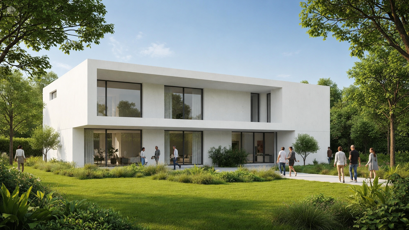 Architectural render with people, trees and plants added to the scene