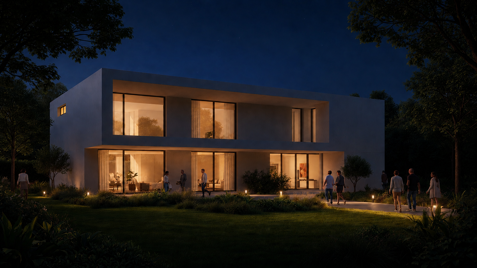 Modern house rendered as a cinematic night scene with warm interior lighting