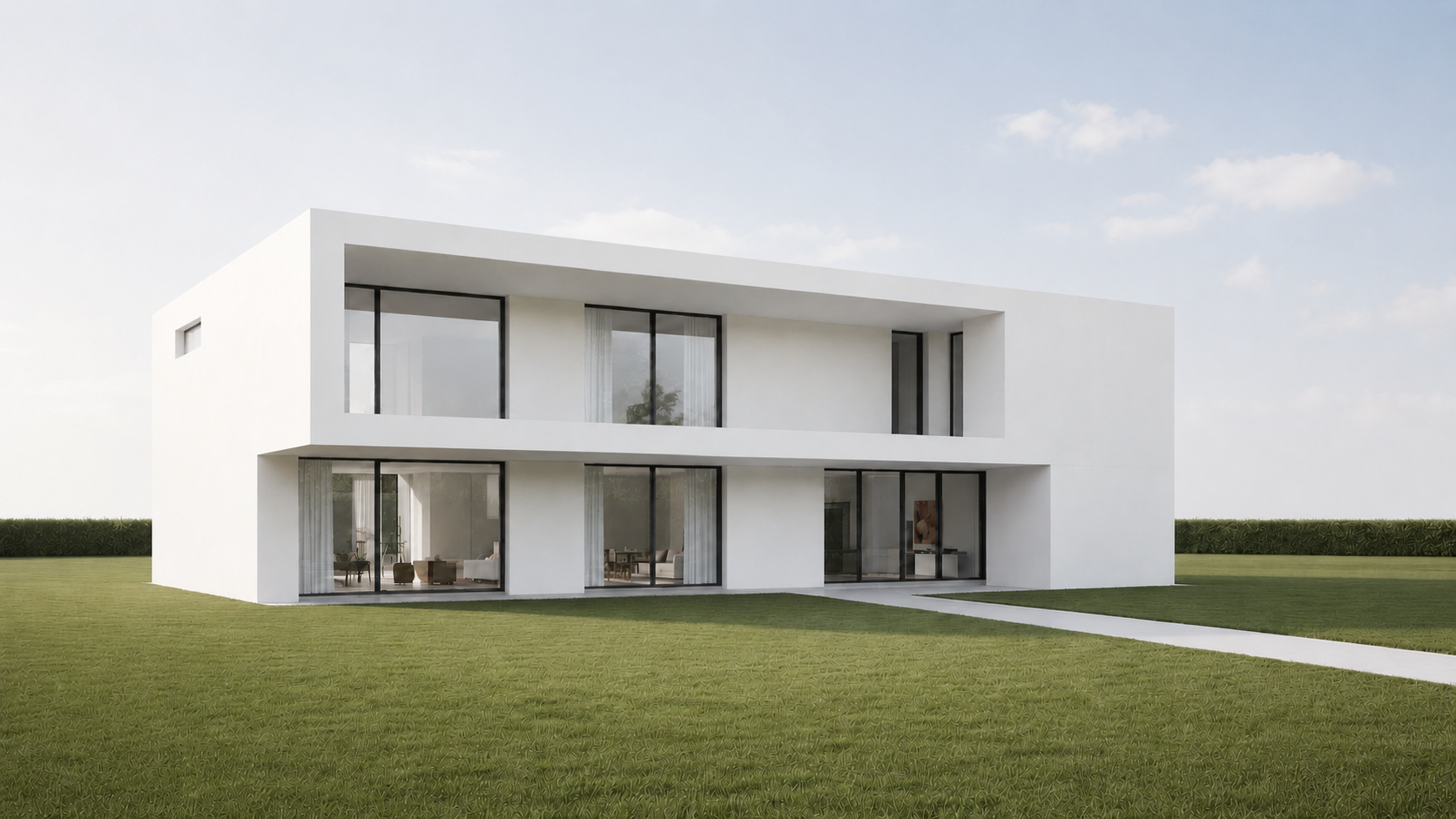SketchUp model rendered as a photorealistic modern white house